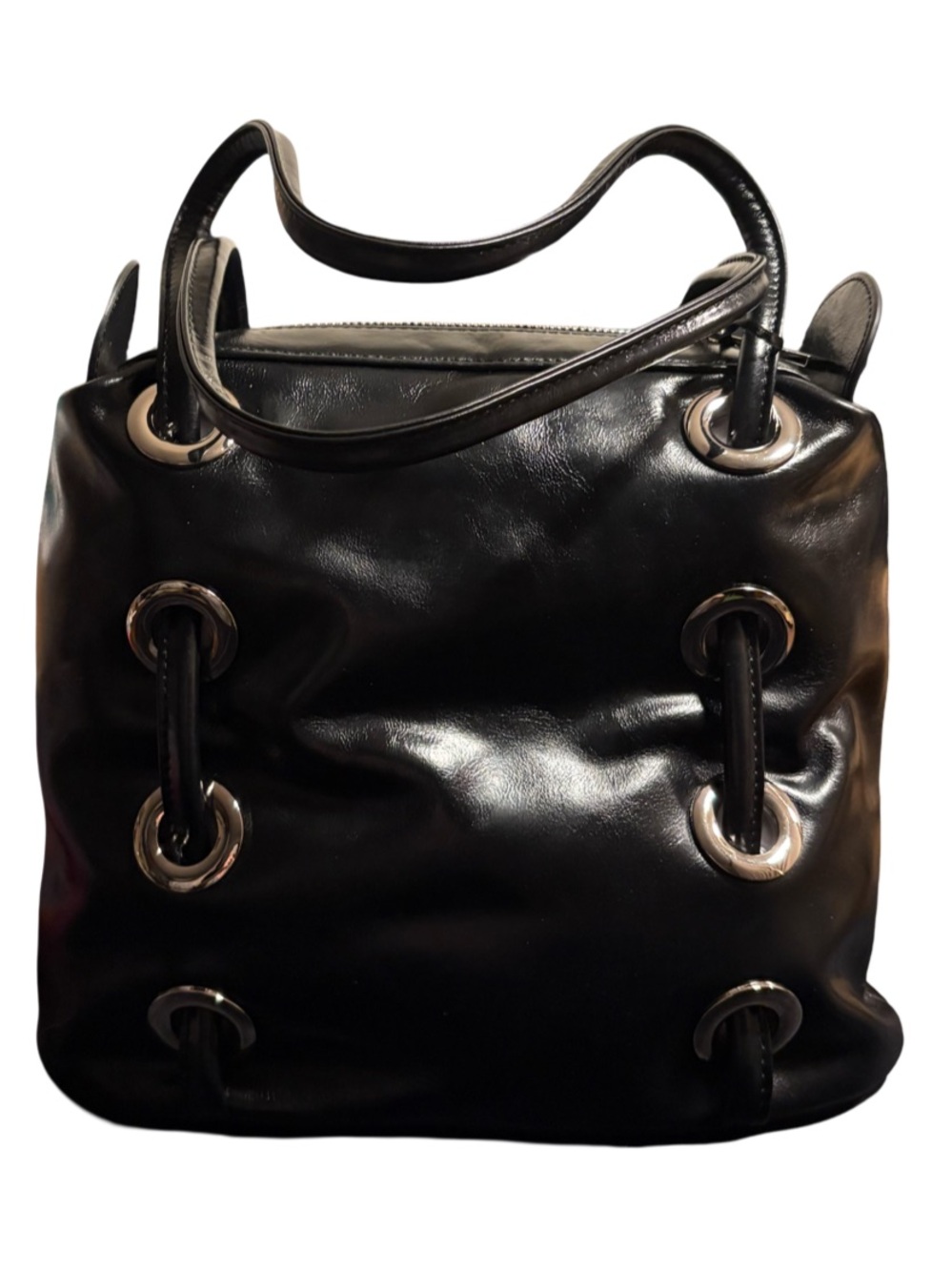 Jeffrey Campbell Chessy Black Leather Shoulder Bag with Silver Grommets
